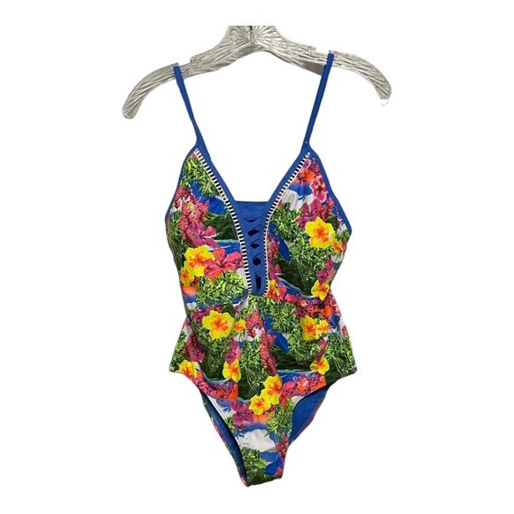 Nicole Miller SZ 10 Plunging Neckline Bathing Suit in Blue Floral NEW WI… - Picture 2 of 7